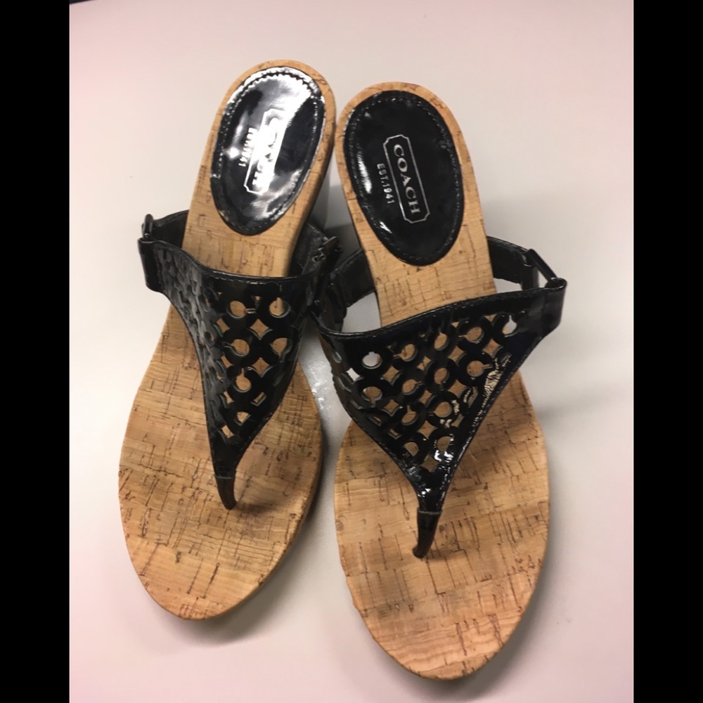 Coach/Black Patent Leather Slip On Cork Wedge